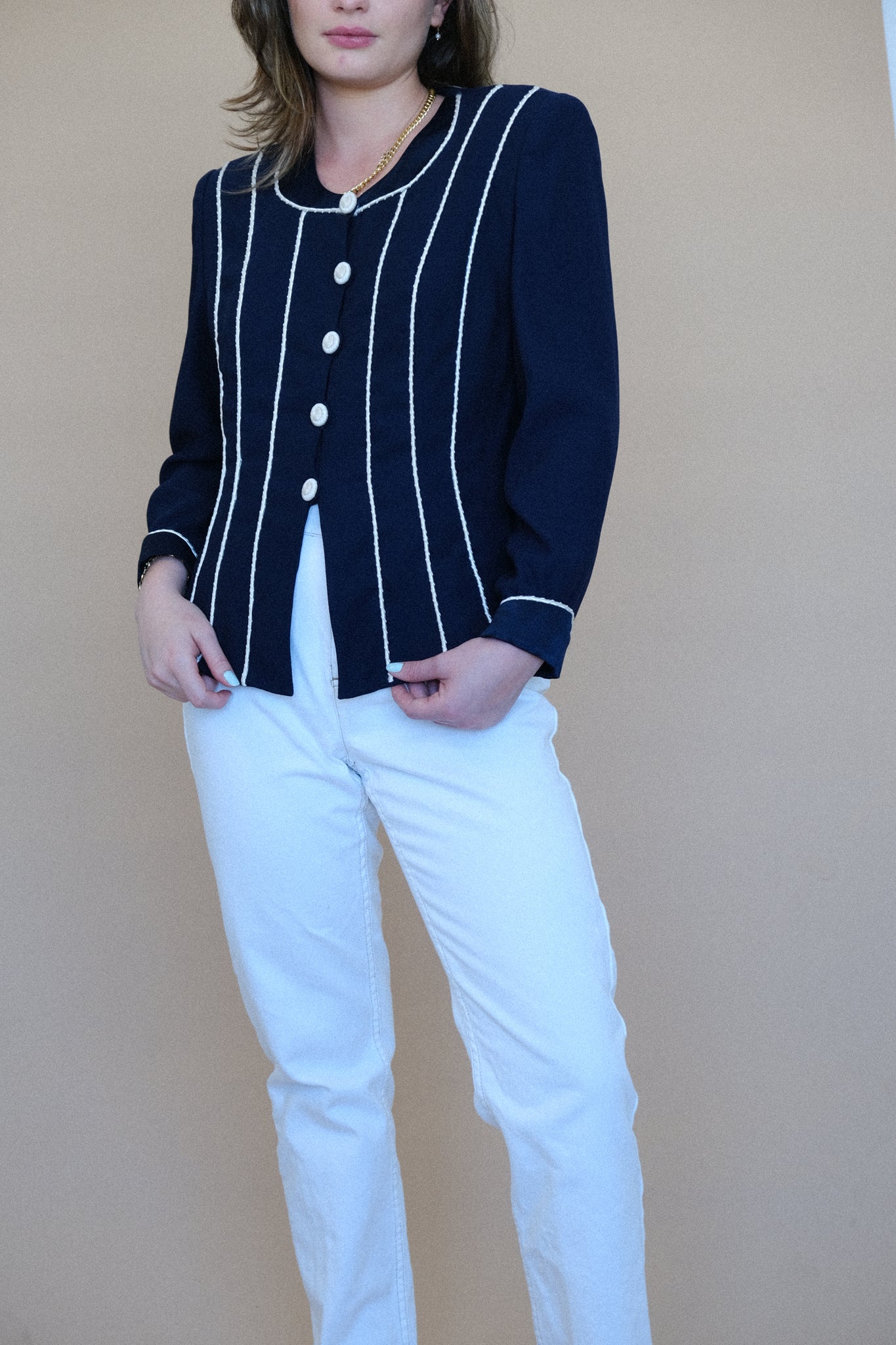 Fitted Navy Blazer with White Detailing