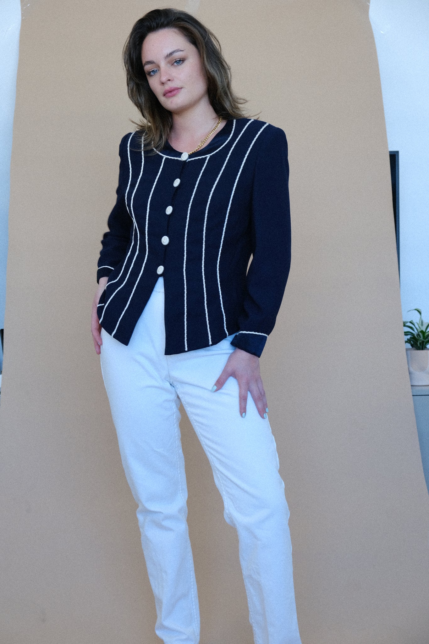 Fitted Navy Blazer with White Detailing