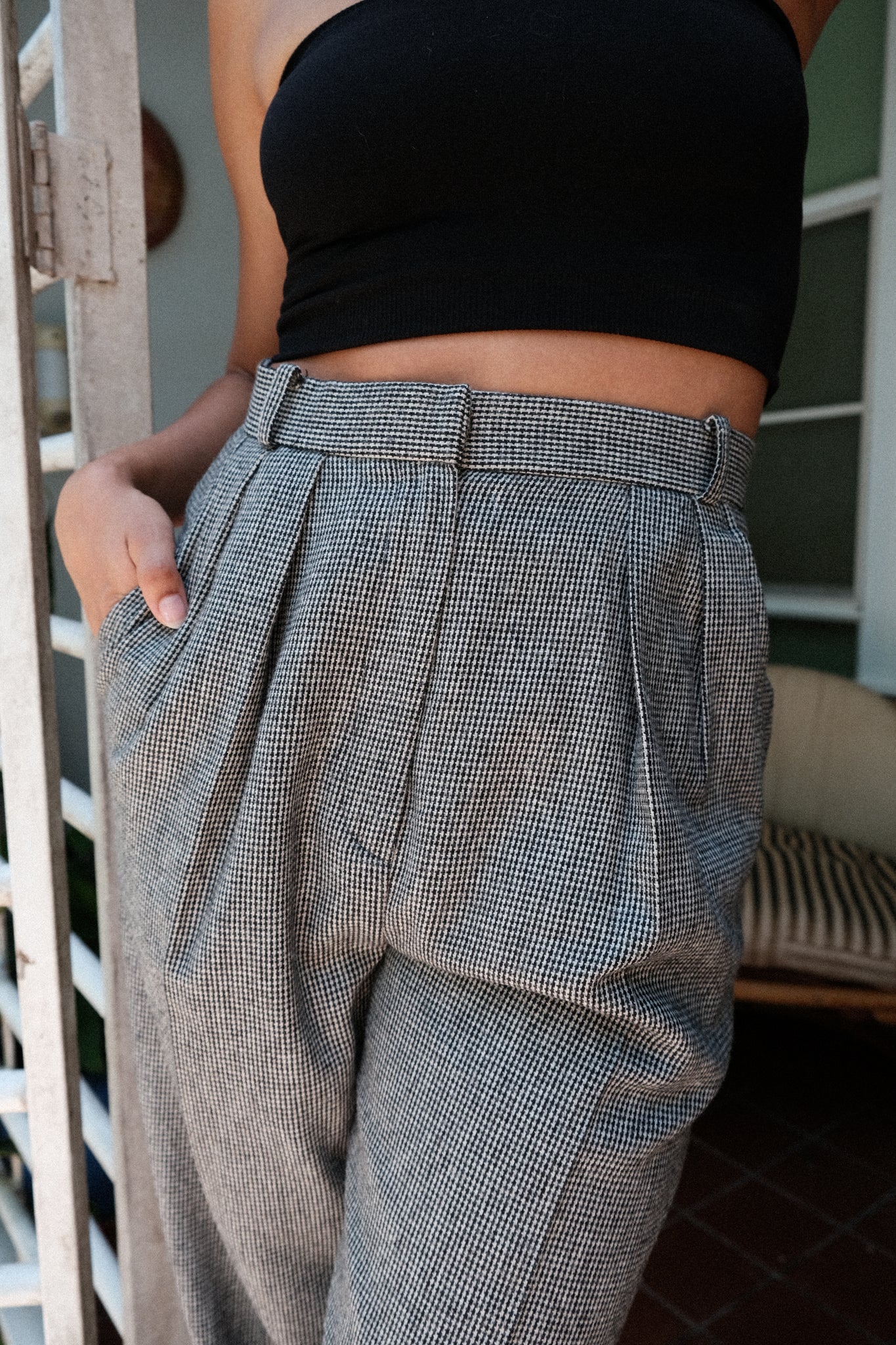 Plaid High Waisted Wool Blend Trousers