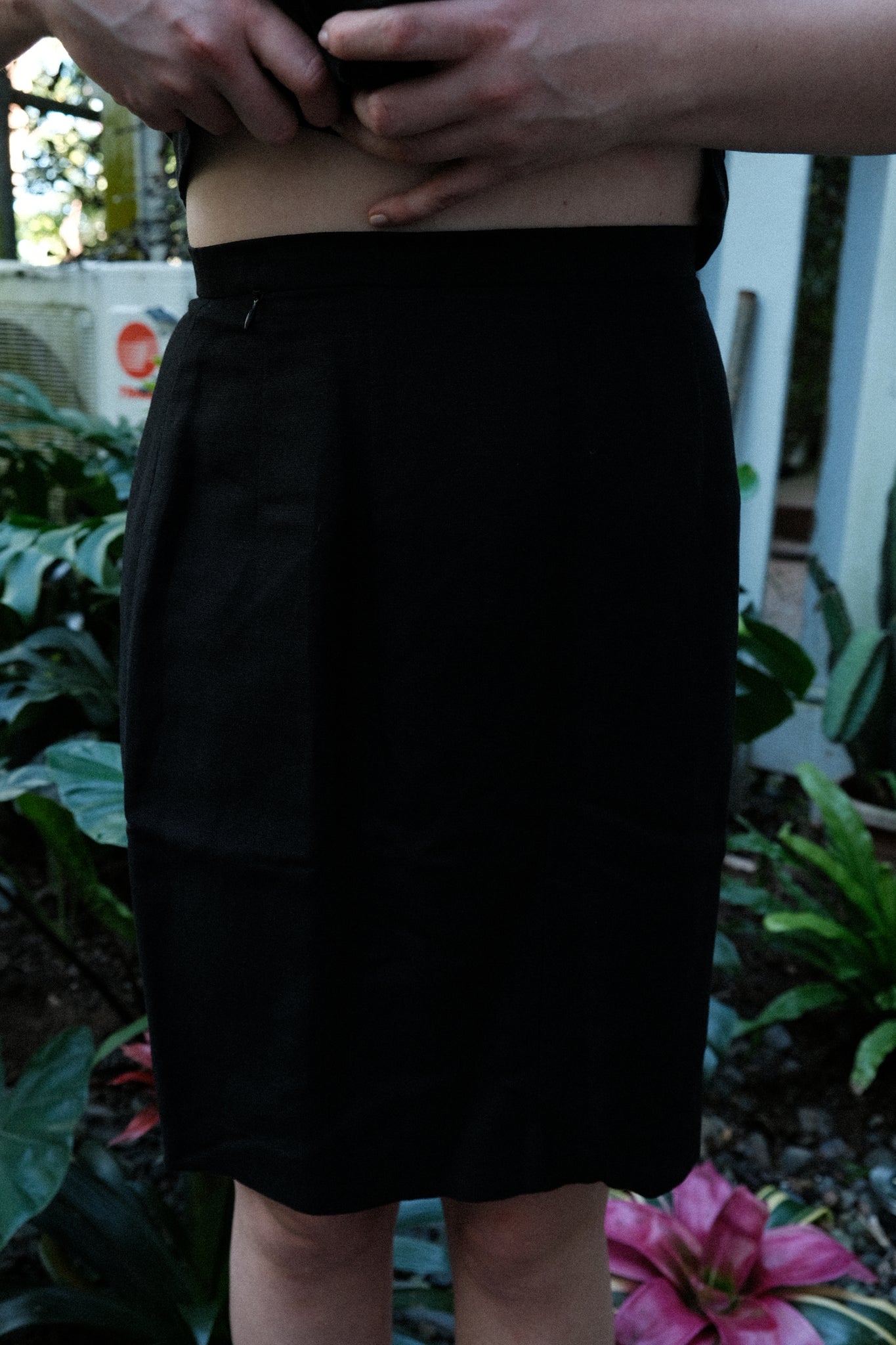 High Waisted Black Linen Blend Skirt
